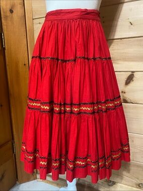Red Tiered vintage Skirt with Contrast bric a brac Trim